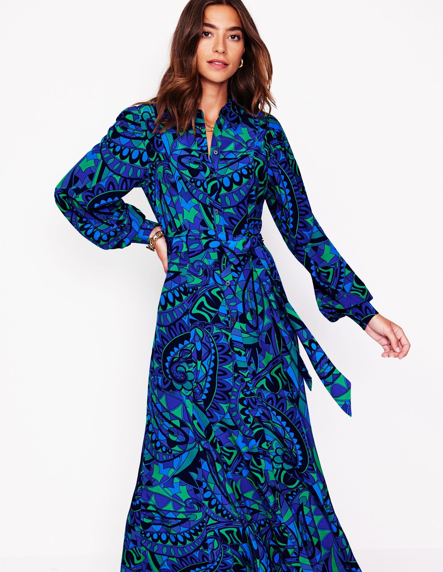 Martha Godet Maxi Shirt Dress-Blue, Kaleidoscopic Paisley