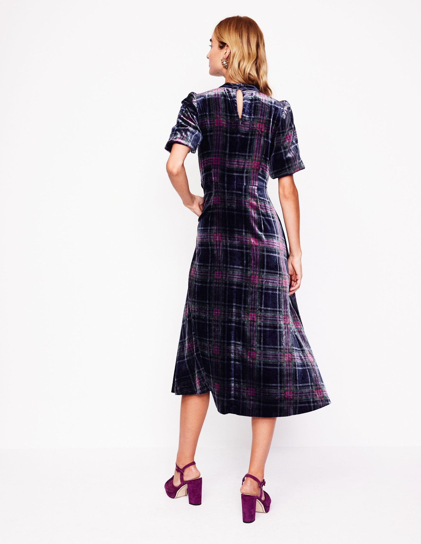 High Neck Velvet Dress-Navy and Red Check