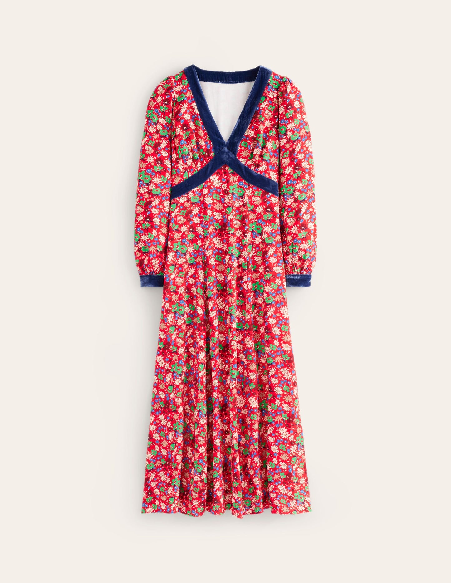 Velvet Trim Maxi Tea Dress-Bright Ruby, Floral Burst