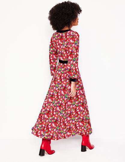 Velvet Trim Maxi Tea Dress-Bright Ruby, Floral Burst