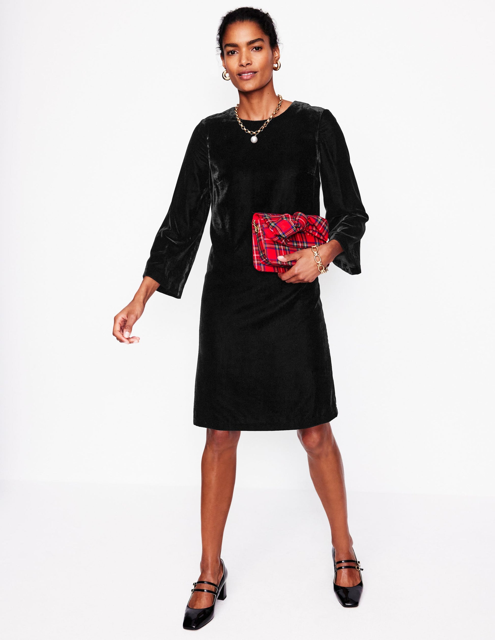 Long Sleeve Velvet Shift Dress-Black Boden Global