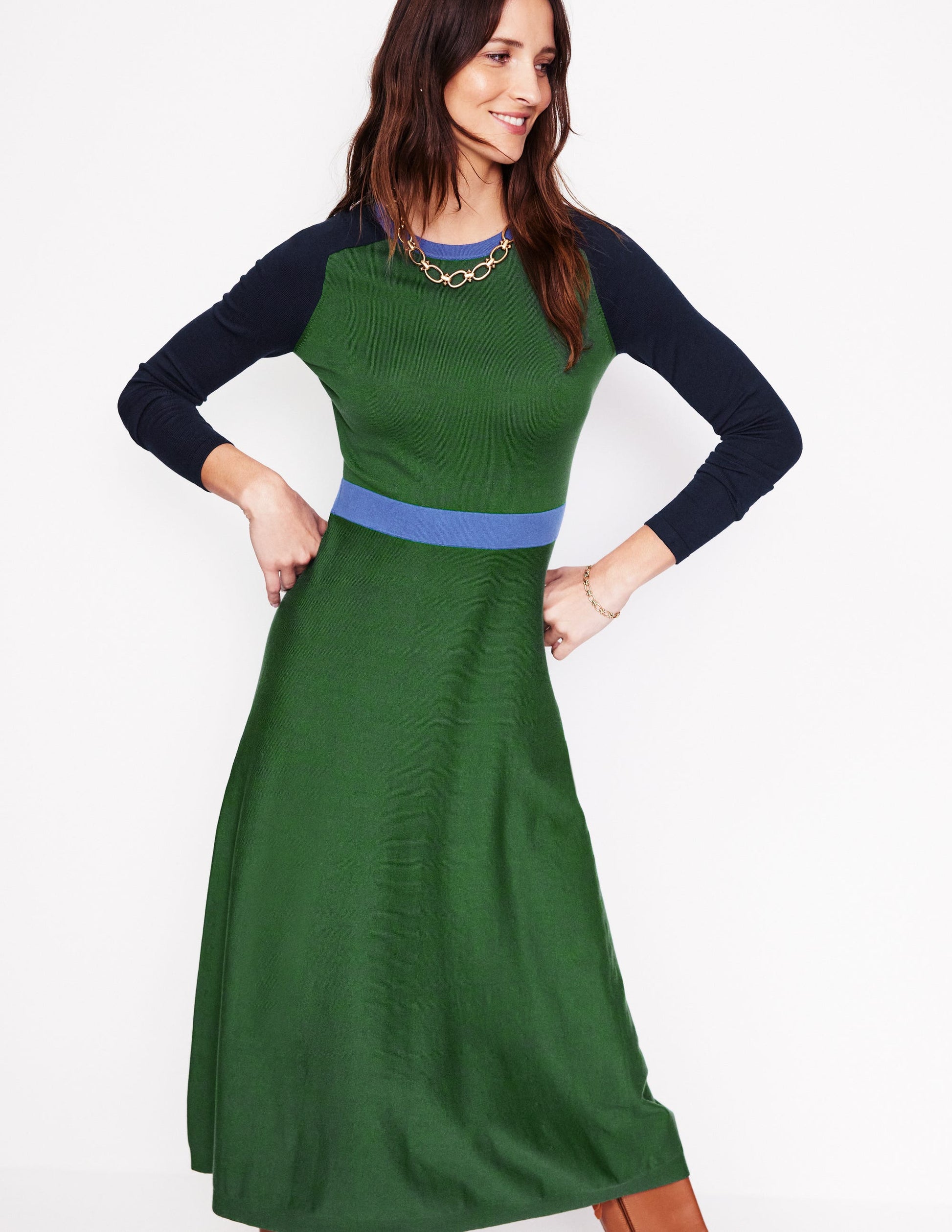 Marta Knitted Midi Dress-Pine, Navy Colourblock-4