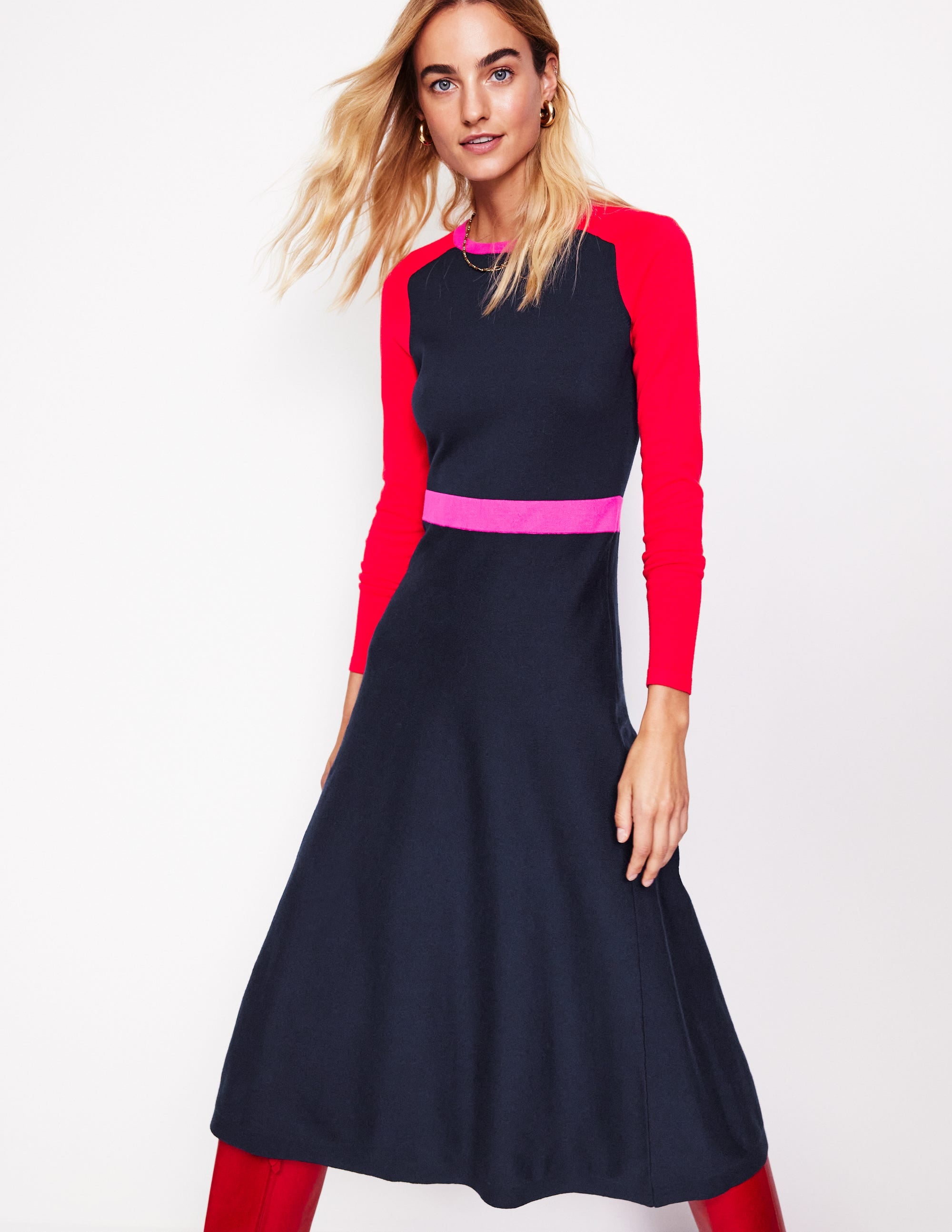 Marta Knitted Midi Dress-Navy, Rouge Colourblock - Image 1