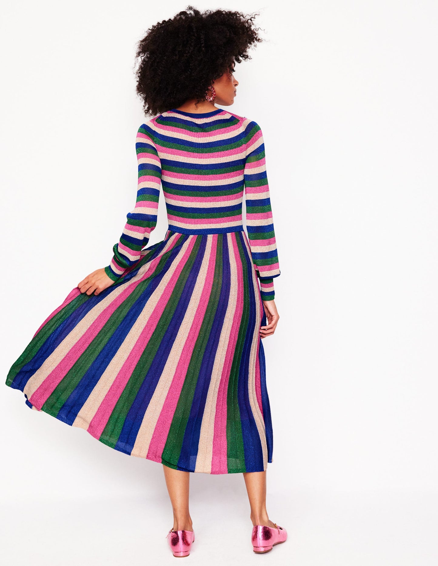 Ribbed Metallic Party Dress-Pink, Green and Gold Stripe