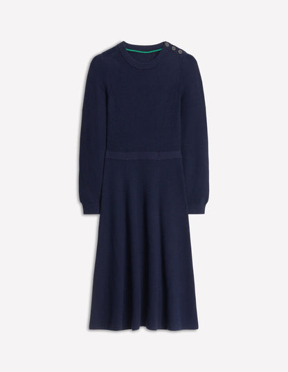 Button Shoulder Knitted Dress-Navy