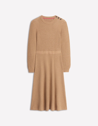 Button Shoulder Knitted Dress-Camel Melange