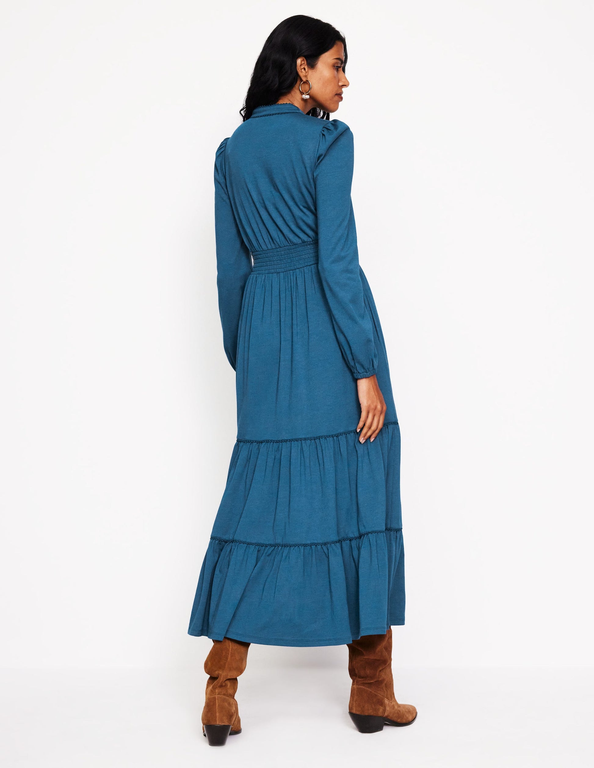 Shirred Waist Tier Midi Dress-Harbour Blue-3