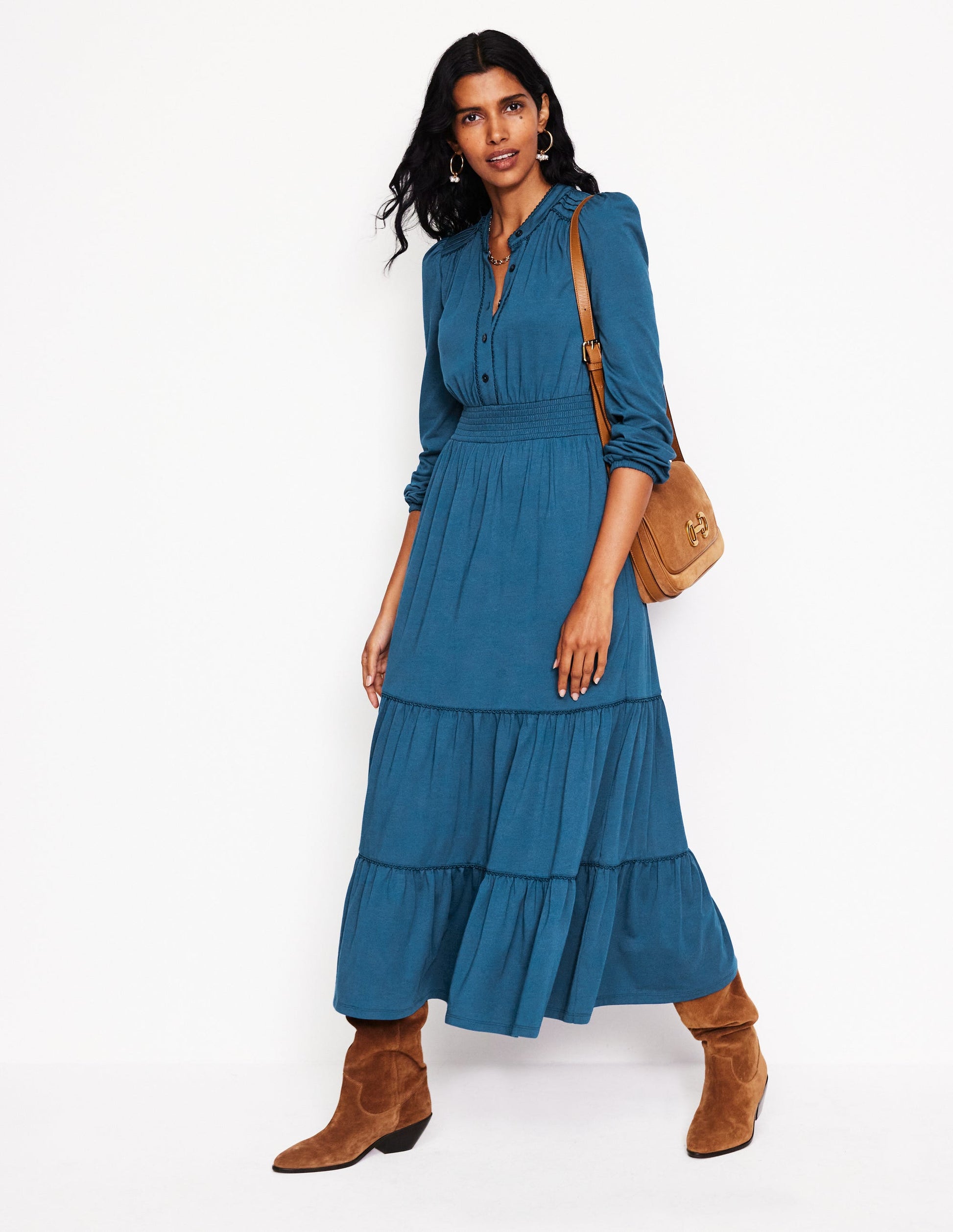 Shirred Waist Tier Midi Dress-Harbour Blue-4