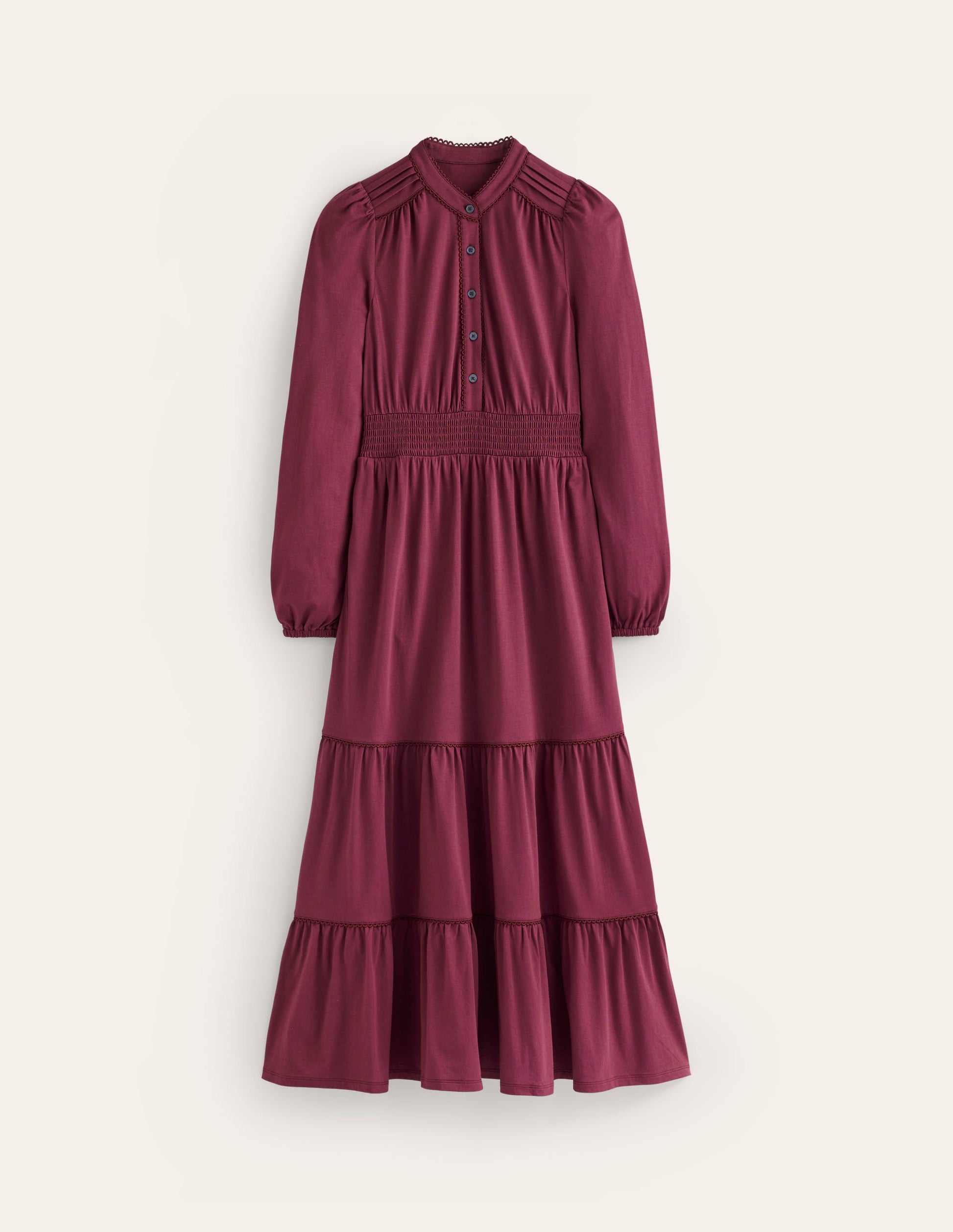 Shirred Waist Tier Midi Dress-Deep Wisteria-5