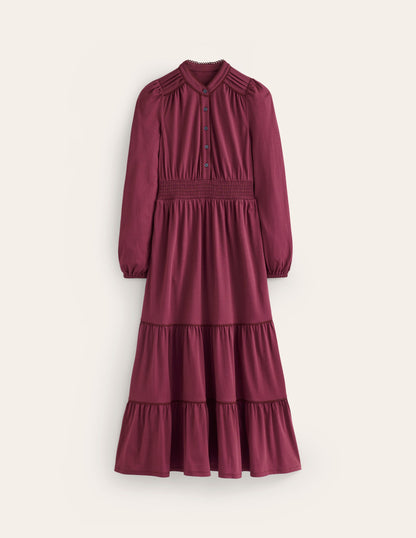 Shirred Waist Tier Midi Dress-Deep Wisteria-5