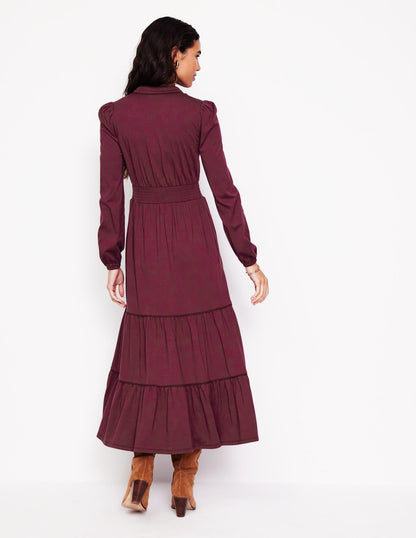 Shirred Waist Tier Midi Dress-Deep Wisteria-3