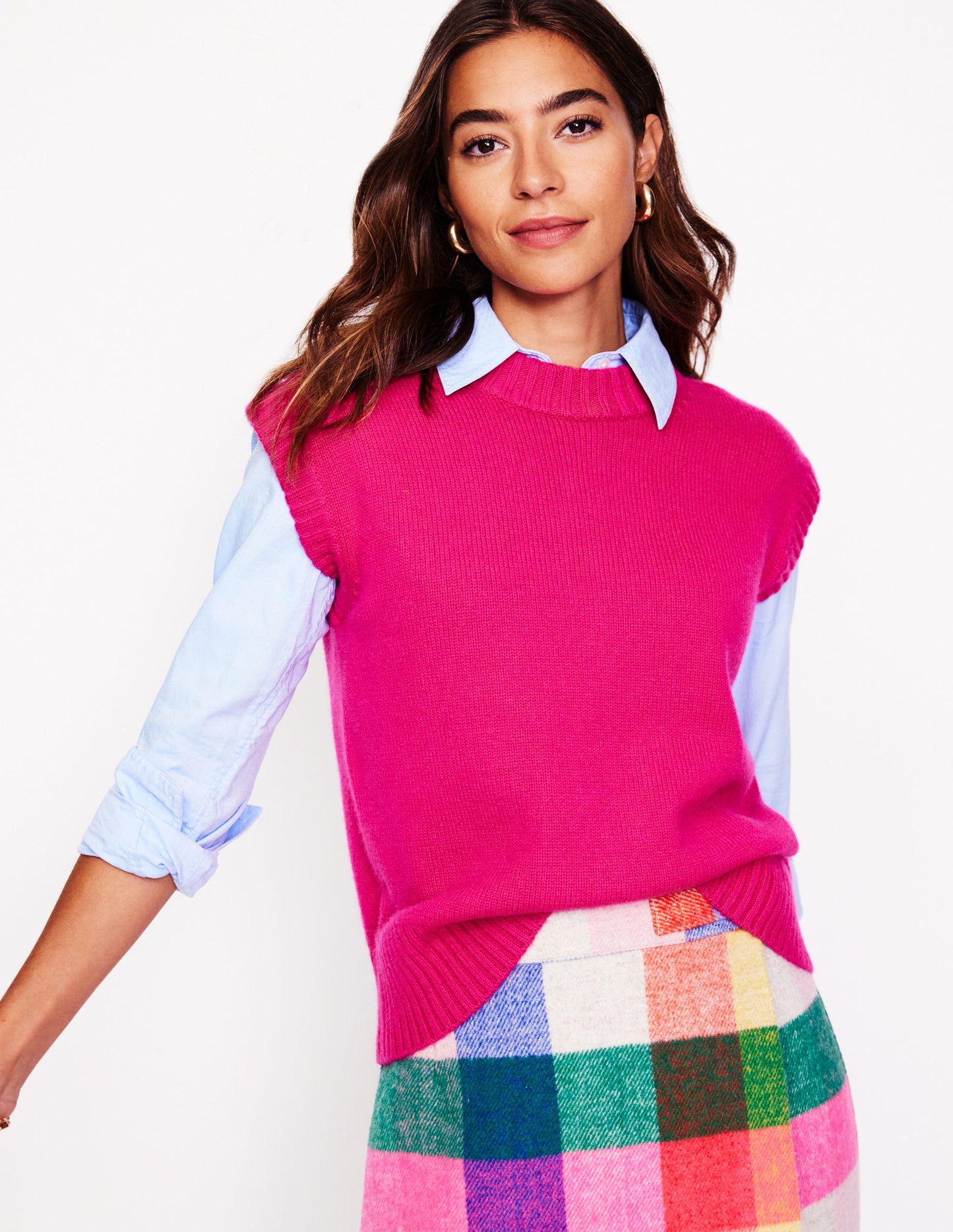 Chunky Cashmere Crew Neck Tank-Bright Pink