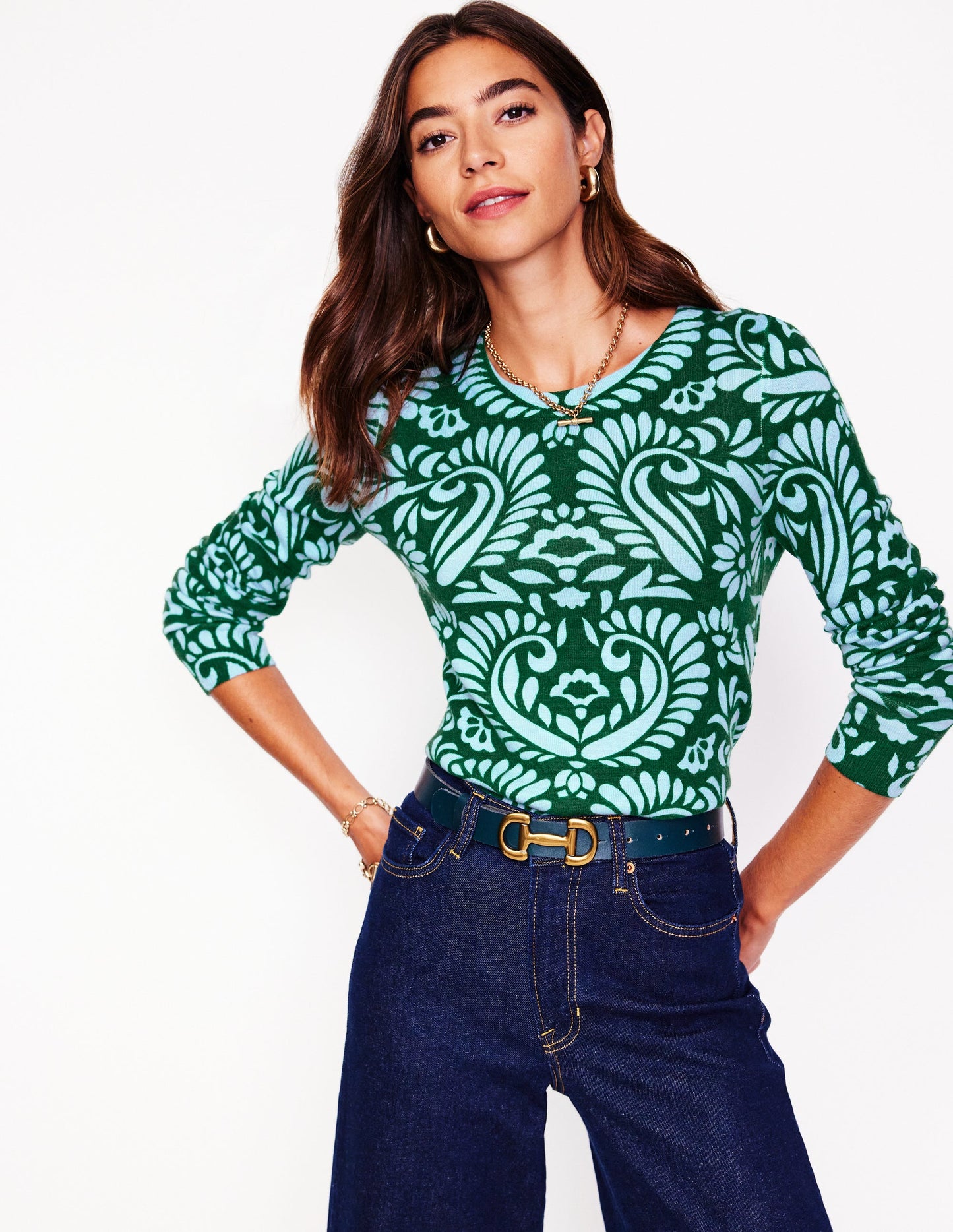 Eva Cashmere Crew Neck Jumper-Pine Green, Decorative Flora