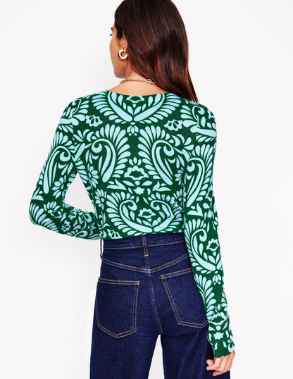 Eva Cashmere Crew Neck Jumper-Pine Green, Decorative Flora