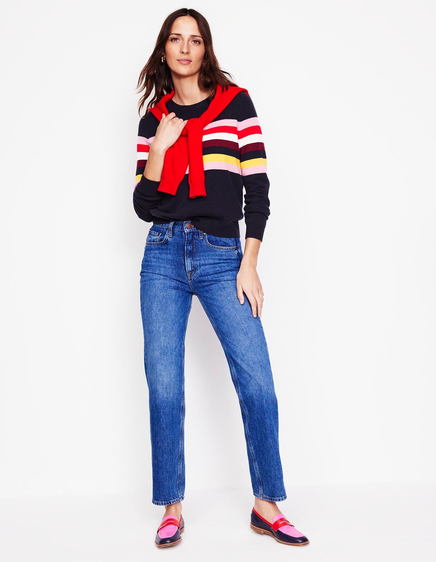 Eva Cashmere Crew Neck Jumper-Navy, Rainbow