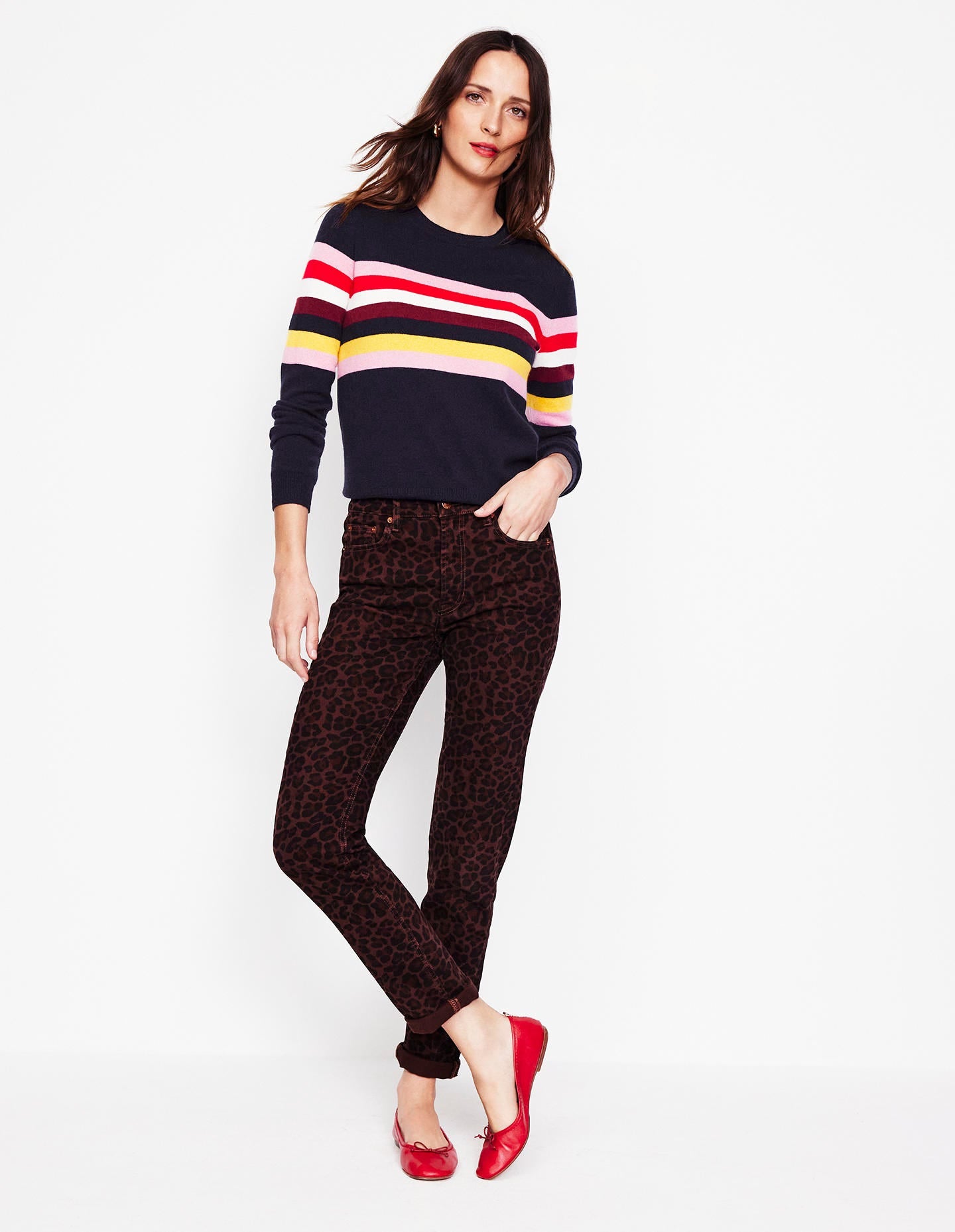 Eva Cashmere Crew Neck Jumper-Navy, Rainbow