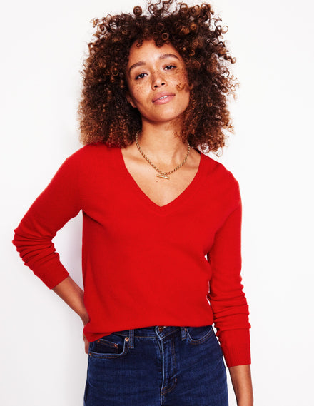 Eva Cashmere V-Neck Jumper-Rouge Red