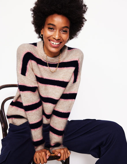 Rosemary Relaxed Fluffy Jumper-Oatmeal Melange, Navy