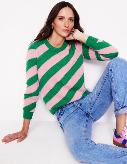 Fluffy Diagonal Stripe Jumper-Party Pink, Rich Emerald Green