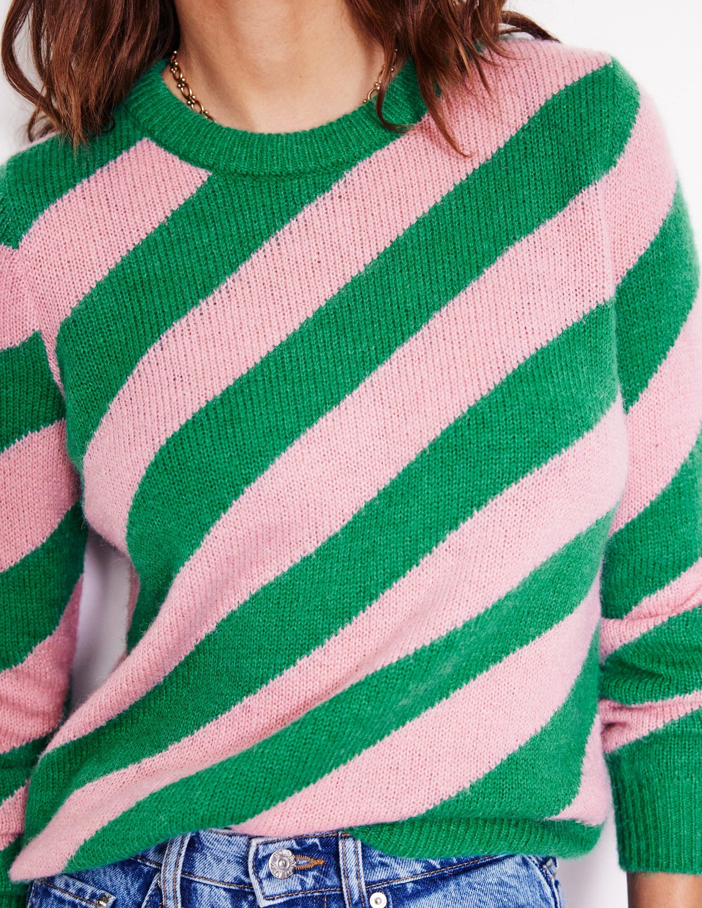 Fluffy Diagonal Stripe Jumper-Party Pink, Rich Emerald Green