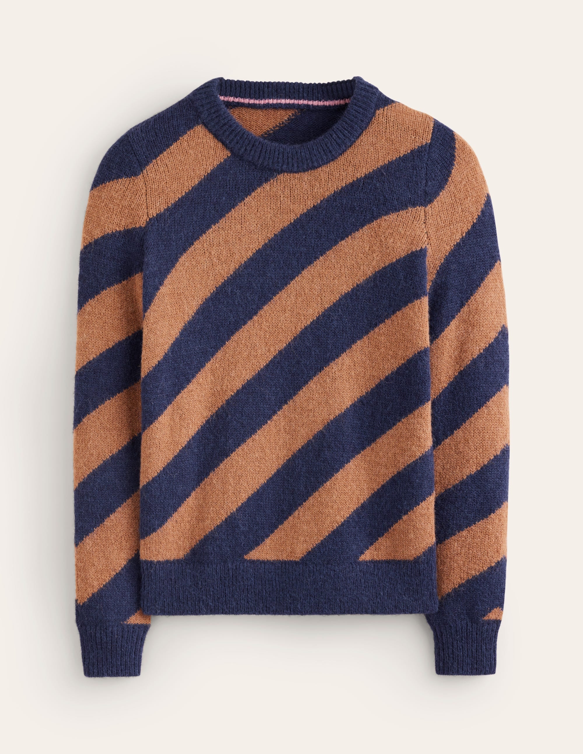Fluffy Diagonal Stripe Jumper-Camel/ Navy - Image 5