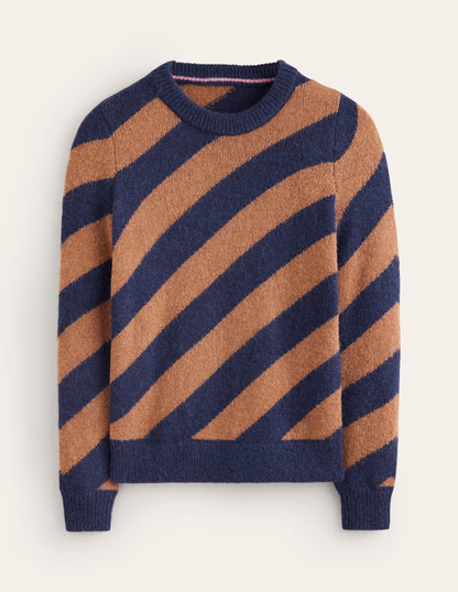 Fluffy Diagonal Stripe Jumper-Camel/ Navy