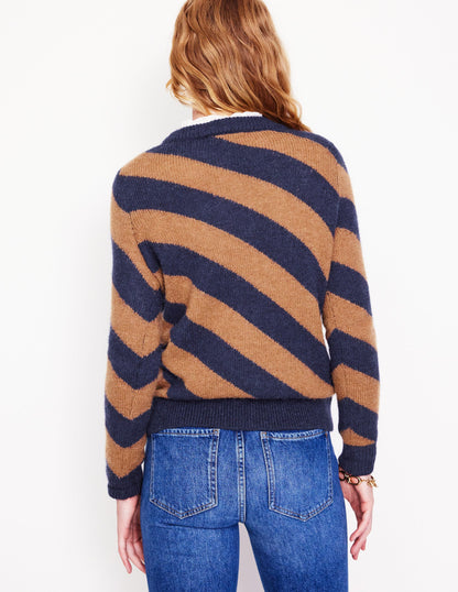 Fluffy Diagonal Stripe Jumper-Camel/ Navy