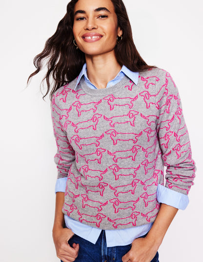 Heather Jacquard Jumper-Grey Marl, Pink Sausage Dog