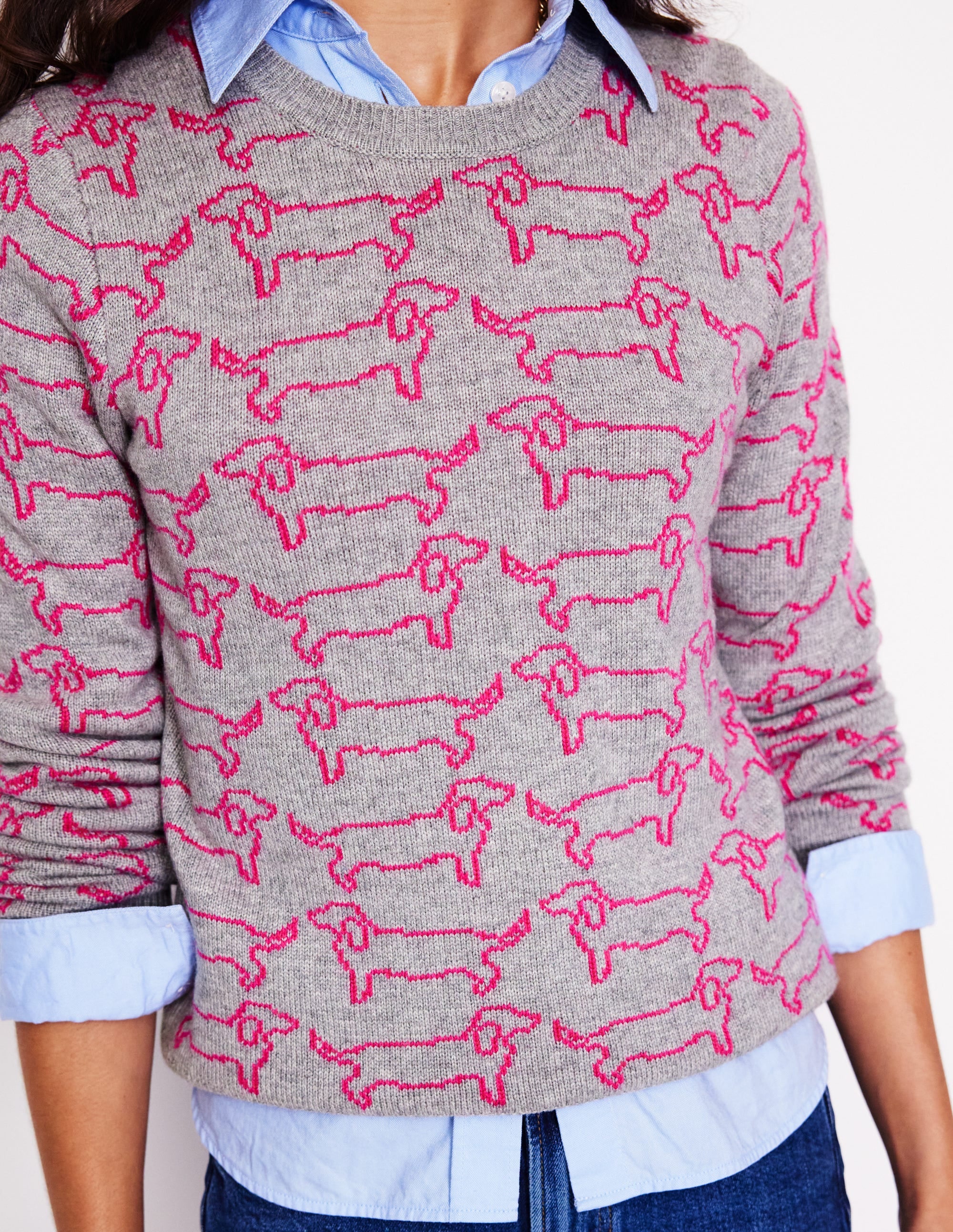Heather Jacquard Jumper-Grey Marl, Pink Sausage Dog - Image 2