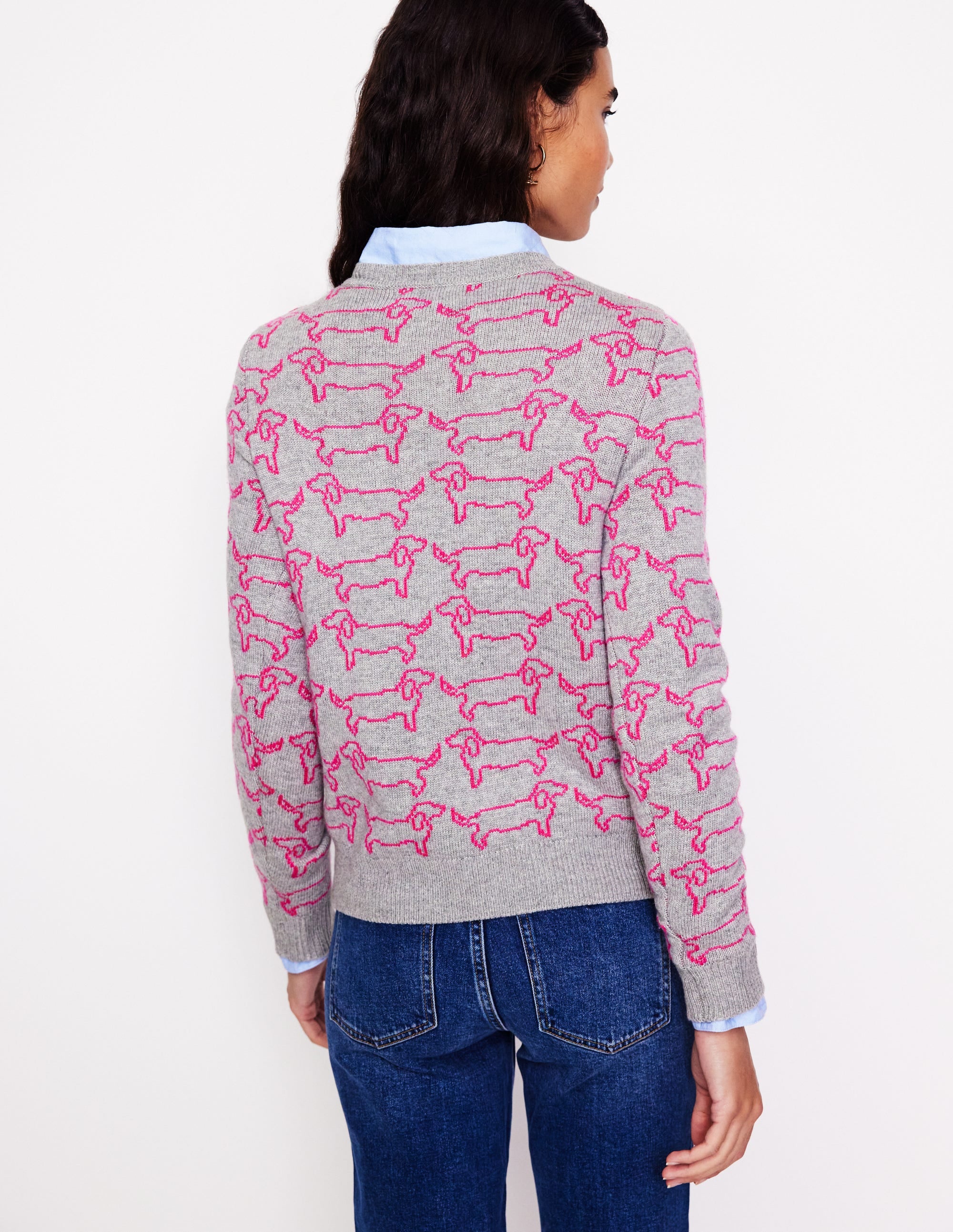 Heather Jacquard Jumper-Grey Marl, Pink Sausage Dog - Image 3