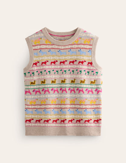 Edie Fair Isle Tank-Oatmeal Melange, Multi Dogs