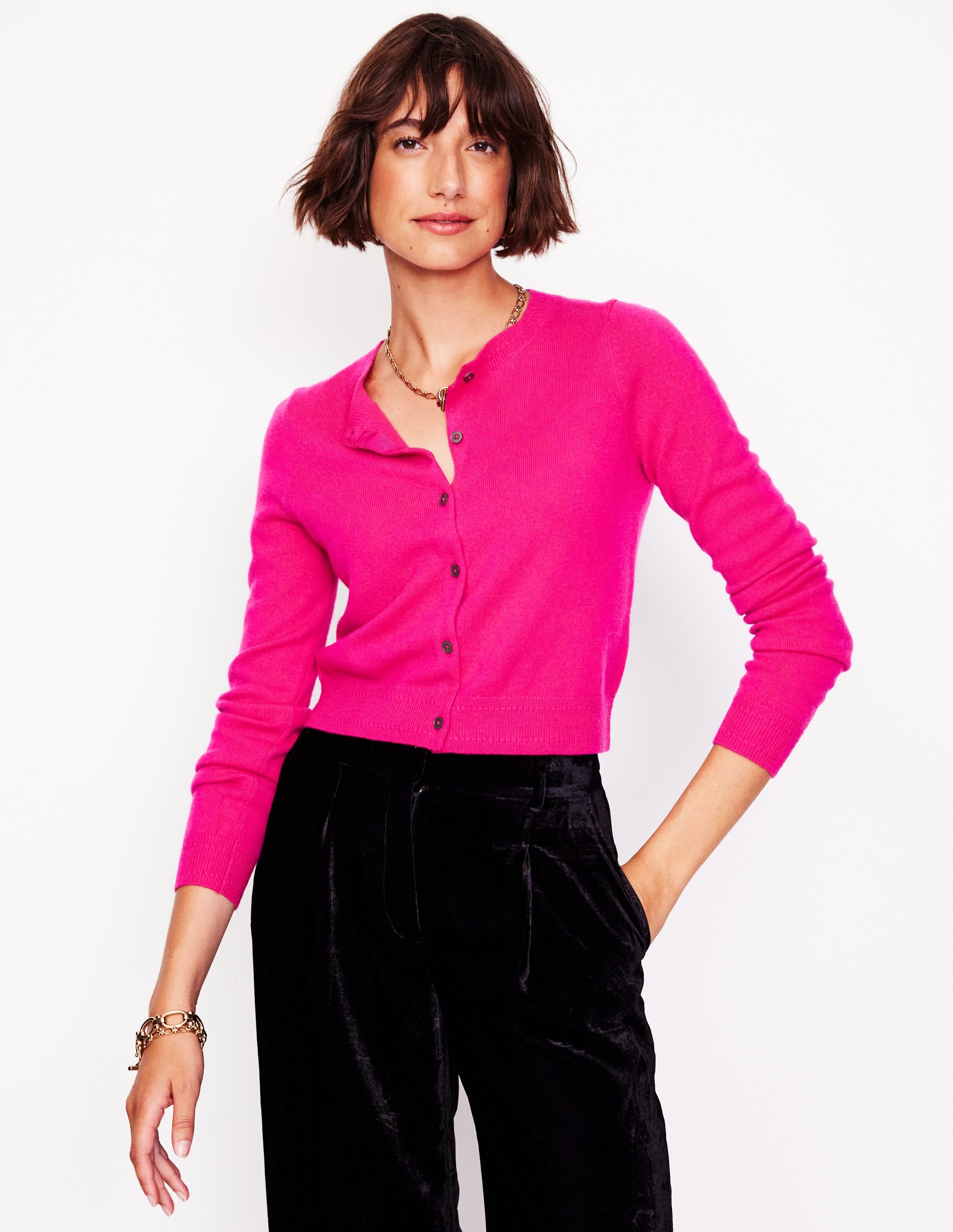 Eva Cashmere Cropped Cardigan-Bright Pink - Image 2