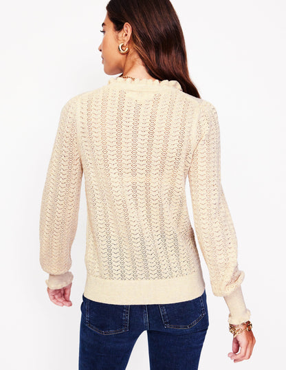 Tia Pointelle Frilled Cardigan-Gold Oatmeal Melange