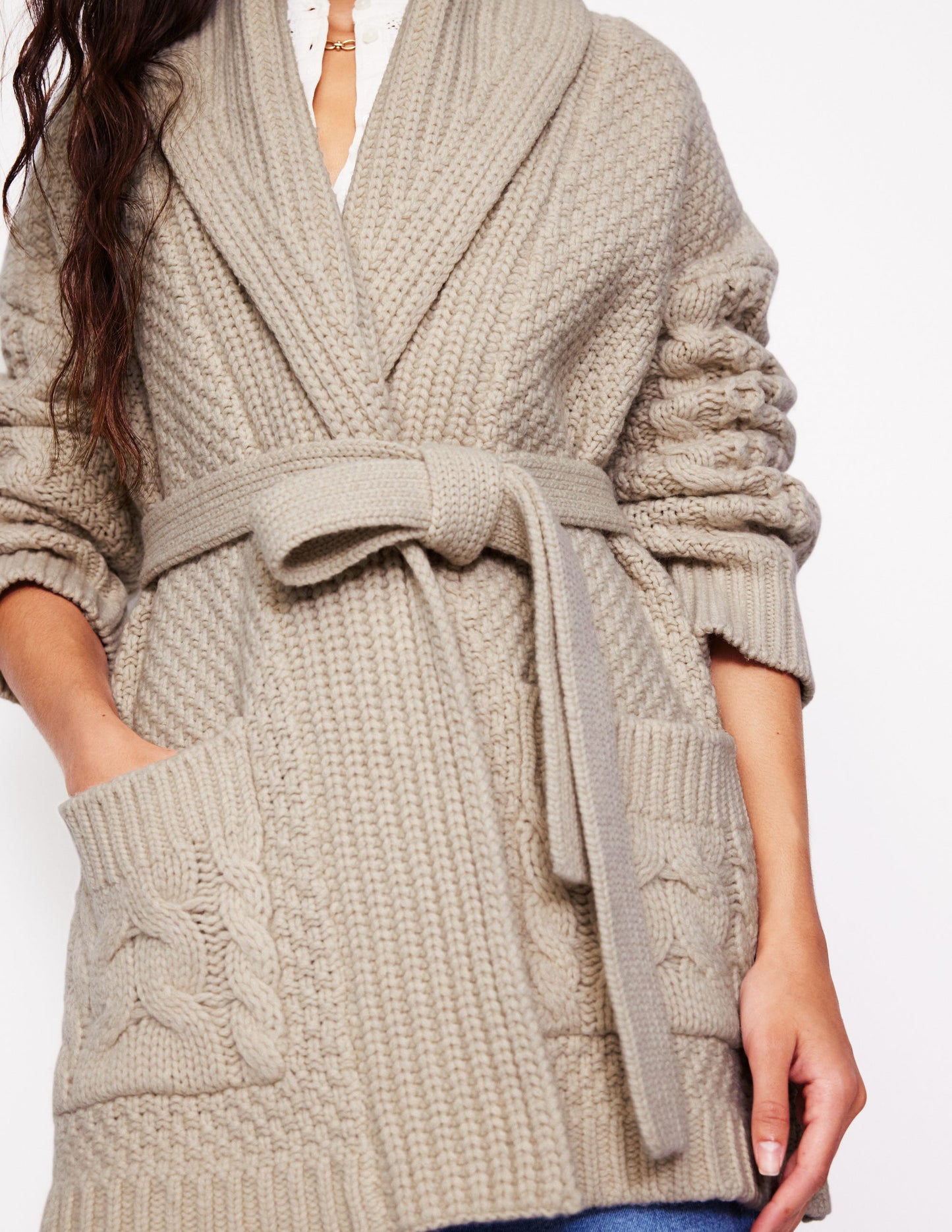 Cable Belted Cardigan-Shearling