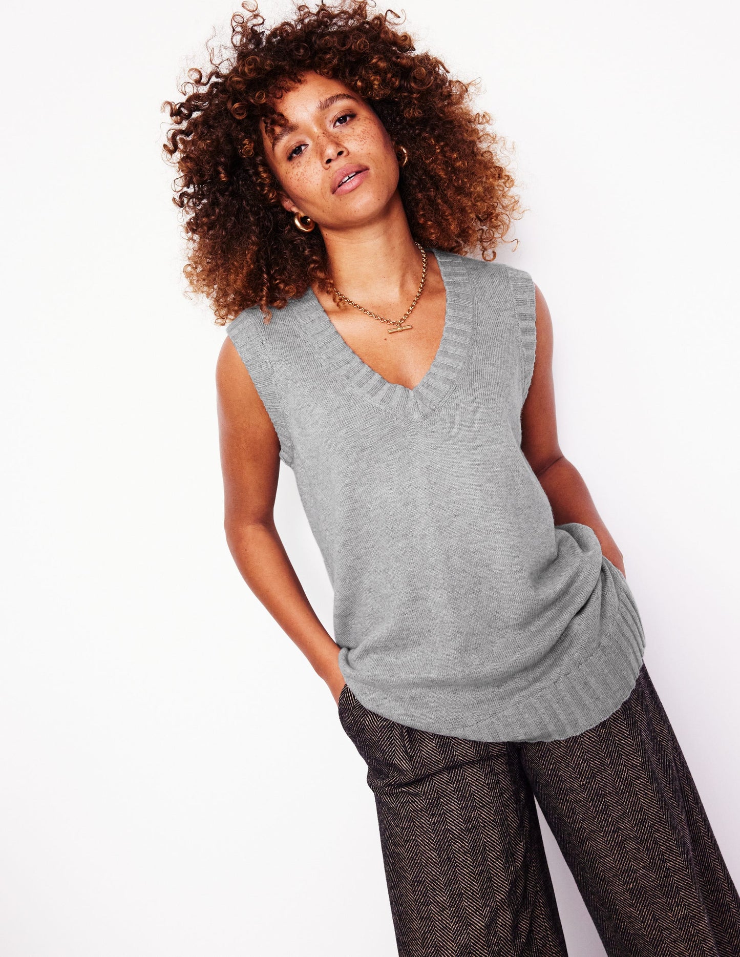 Longline V-Neck Tank-Mink Melange