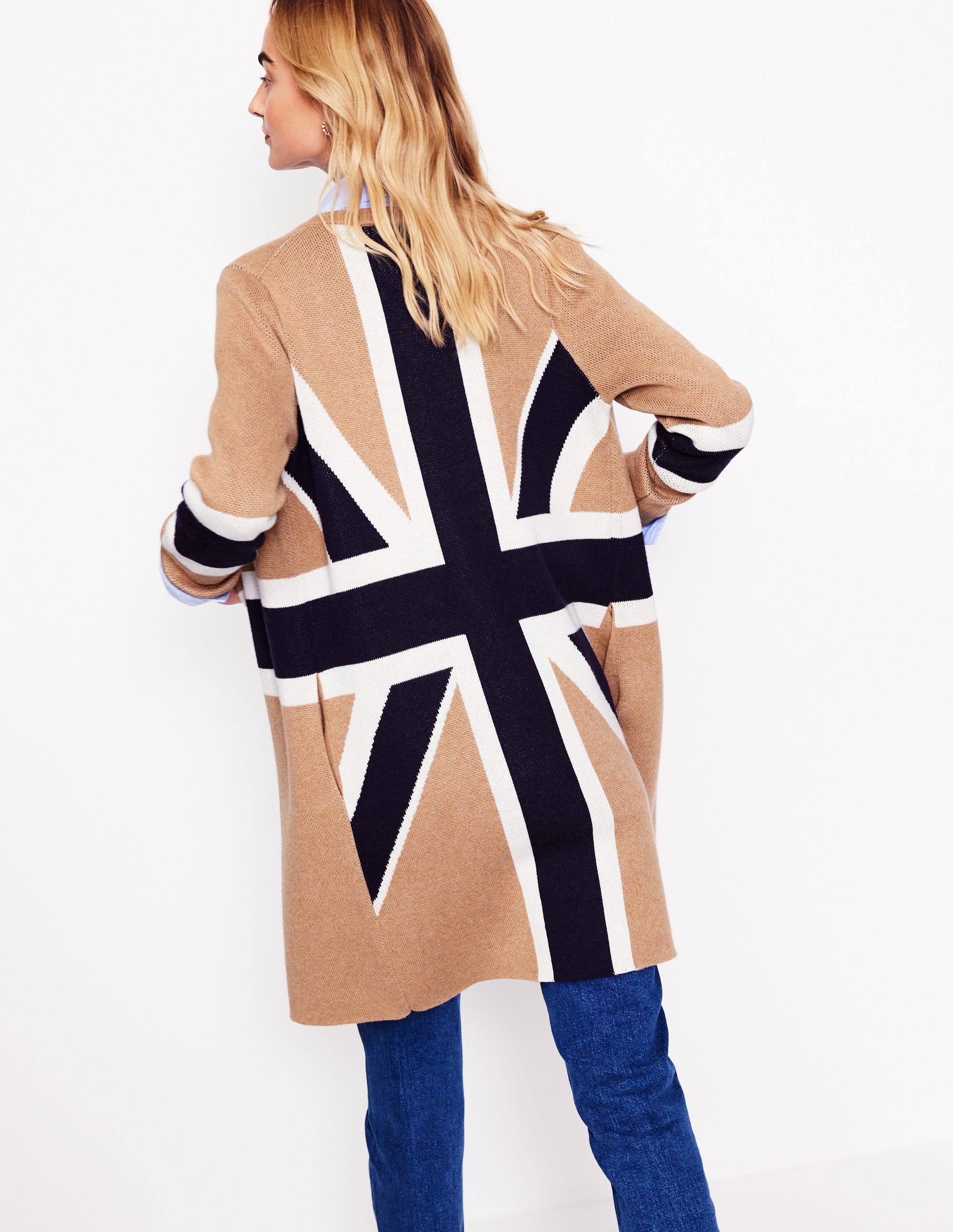 Edge to Edge Coatigan-Camel Melange, Union Jack - Image 1