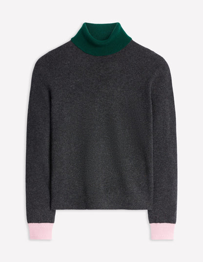 Eva Cashmere Roll Neck Jumper-Charcoal Melange, Colour Block