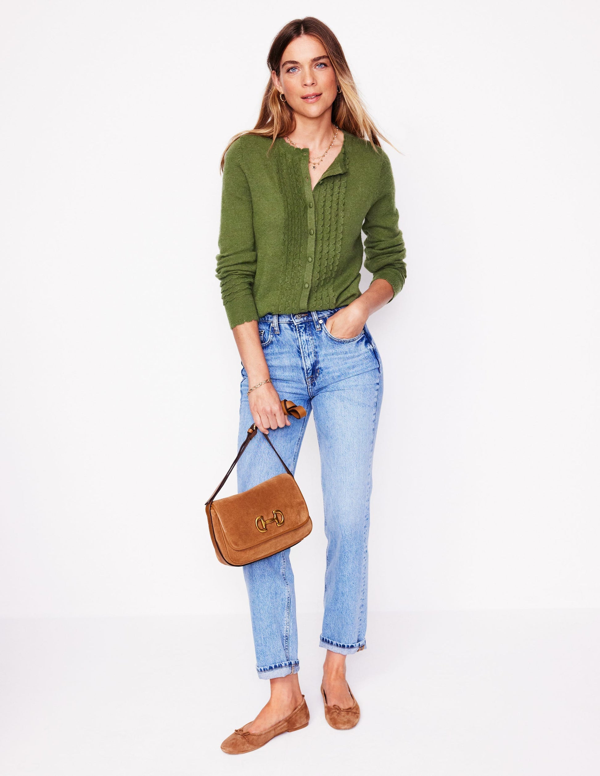 Scallop Sleeve Cardigan-Oregano Green-4