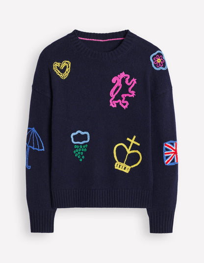 Natalie Embroidered Jumper-Navy, British Icons