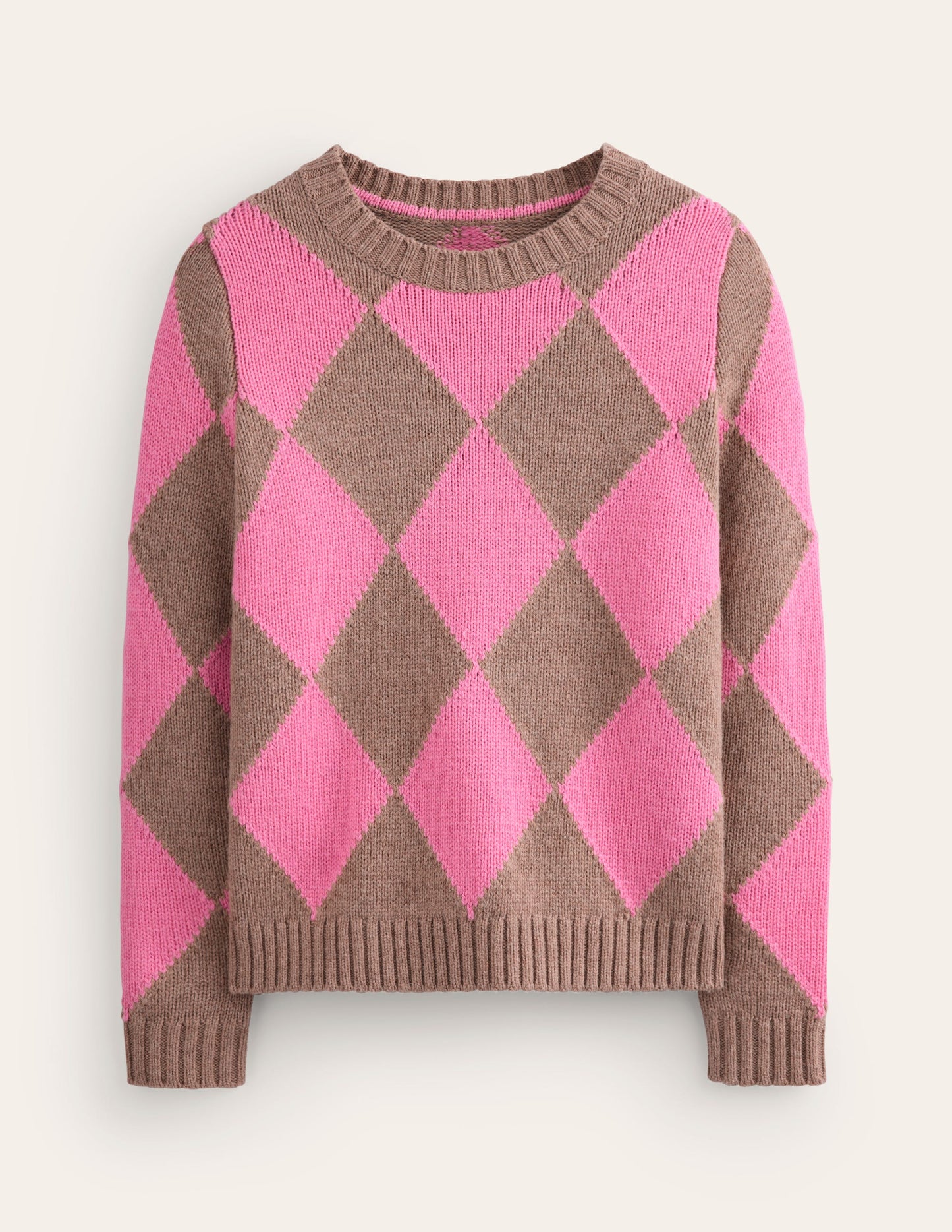 Argyle Crew Neck Jumper-Mink Melange, Pink