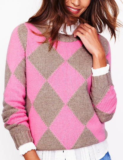 Argyle Crew Neck Jumper-Mink Melange, Pink