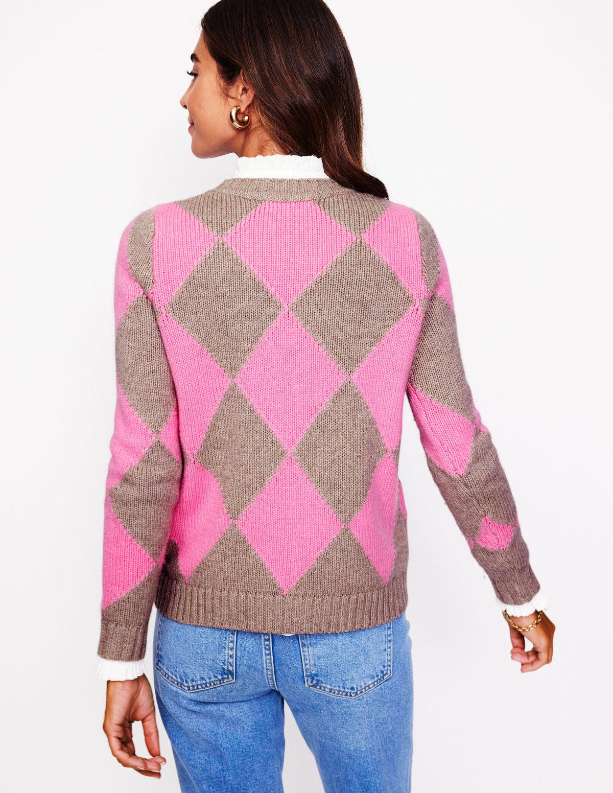 Argyle Crew Neck Jumper-Mink Melange, Pink - Image 3