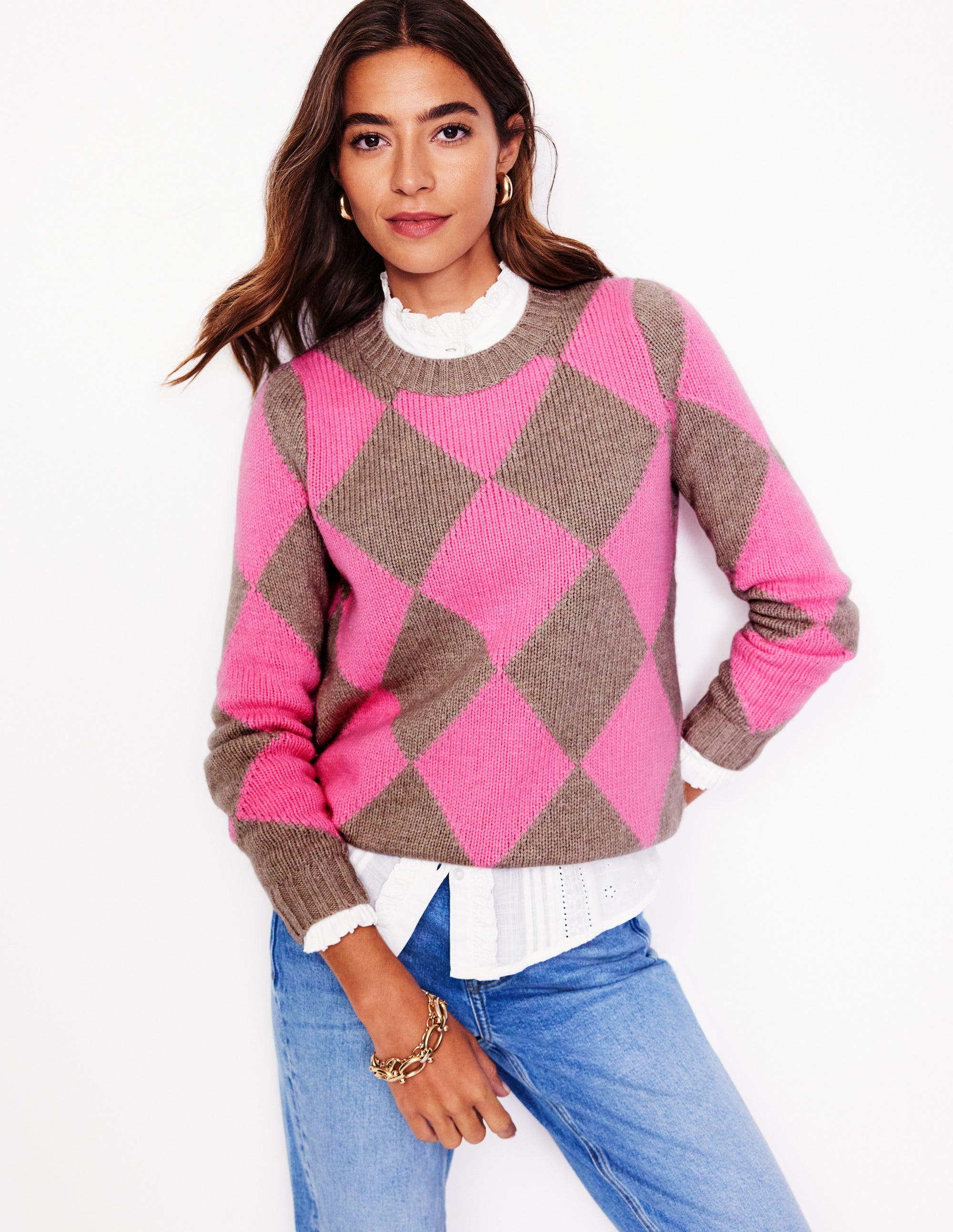 Argyle Crew Neck Jumper-Mink Melange, Pink - Image 4