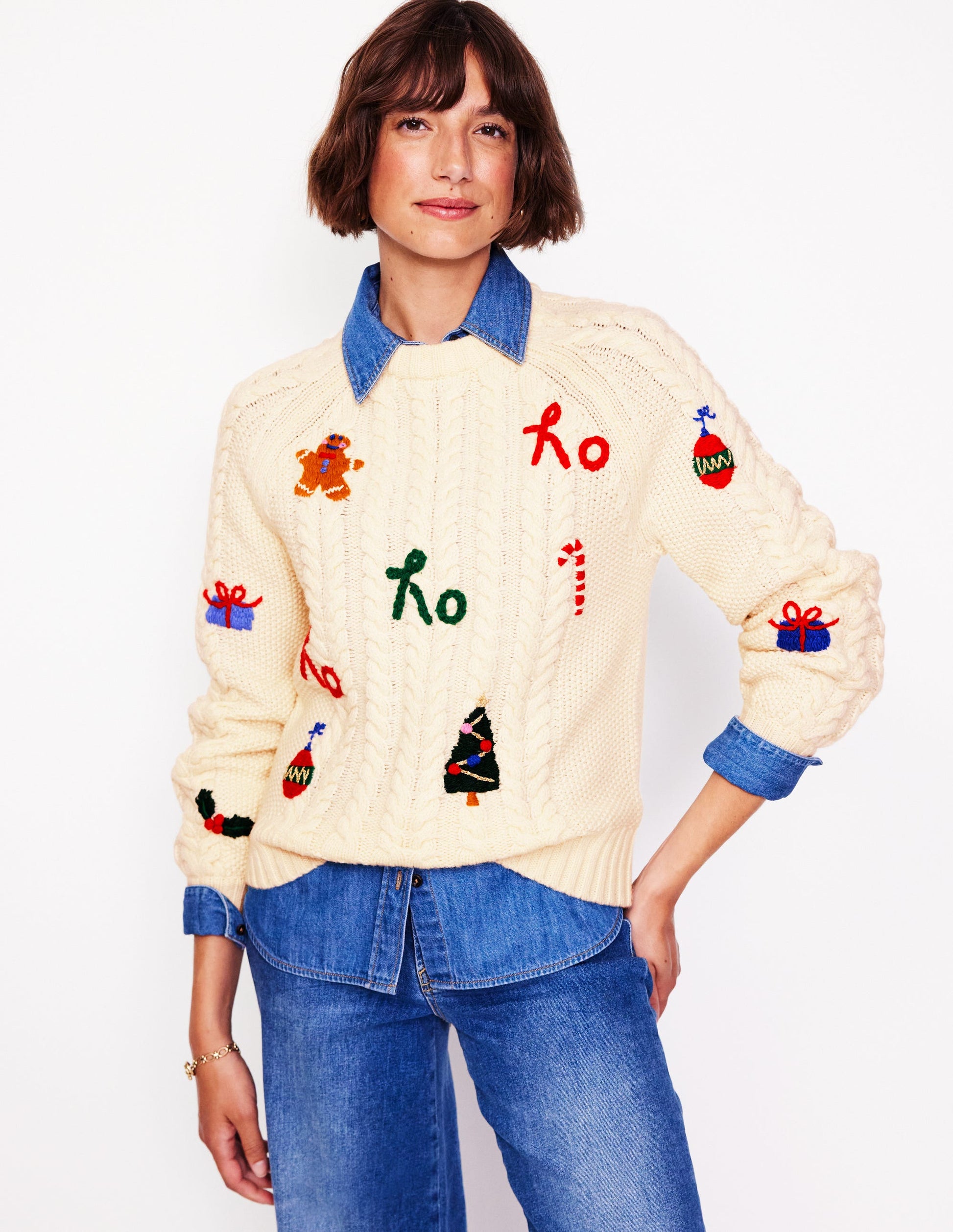 Heritage Cable Jumper-Warm Ivory, Ho Ho Ho-4