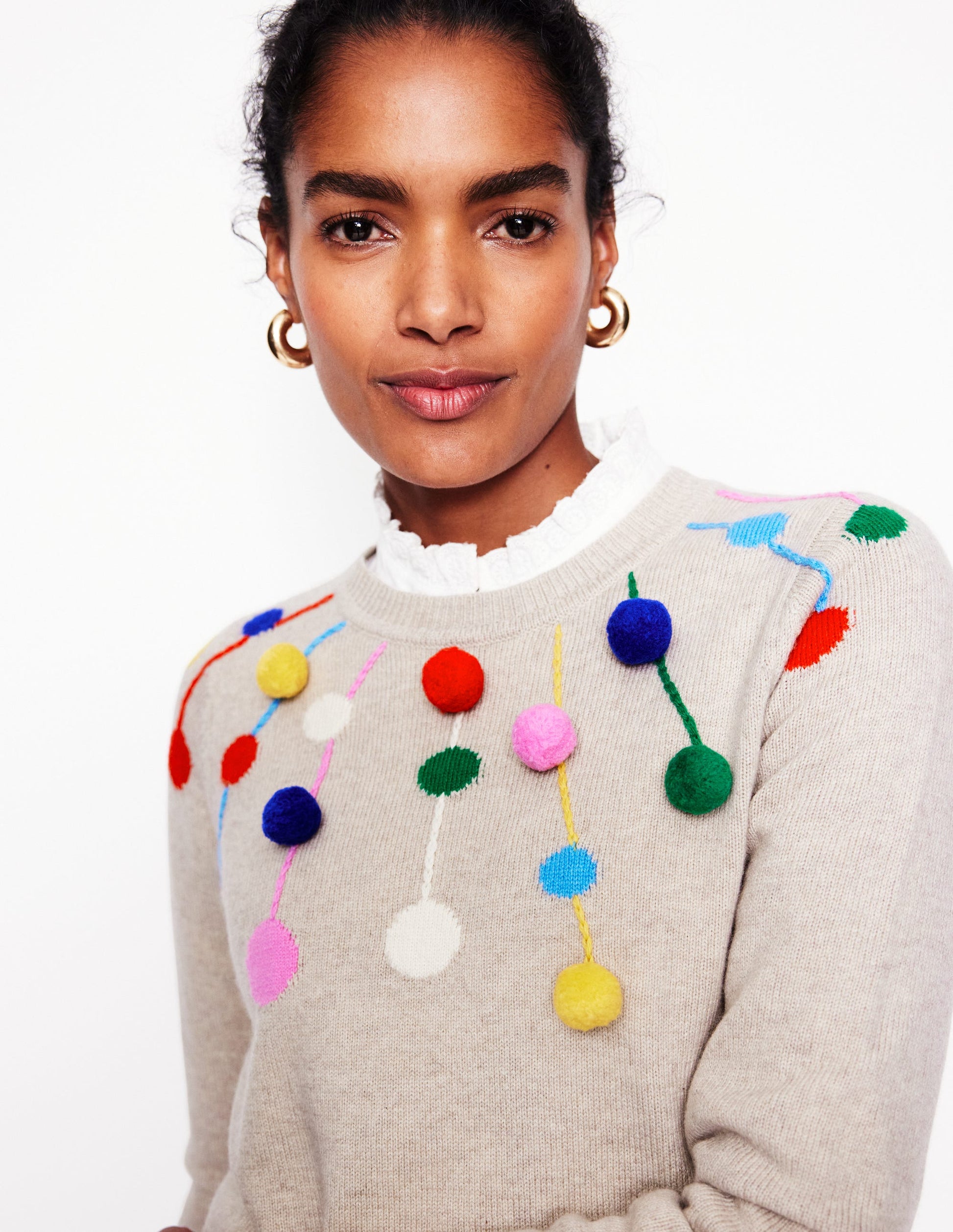 Pom Pom Jumper-Oatmeal, Multi Poms-2