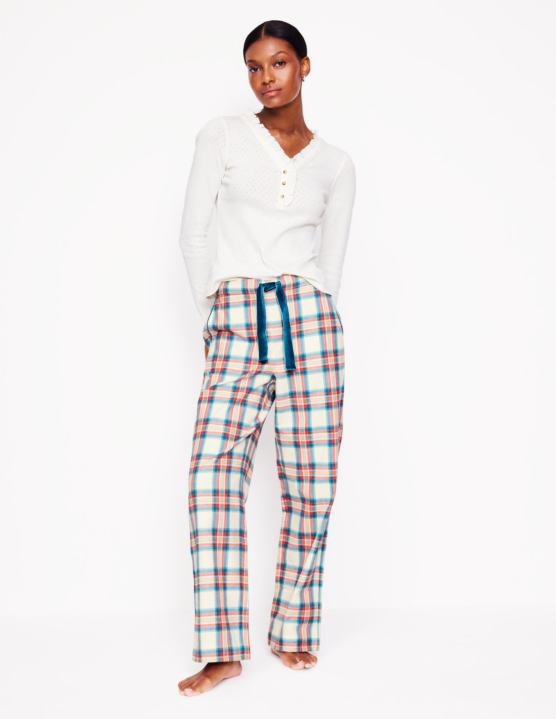 Brushed Cotton Pyjama Trousers-Eggnog & Orange Check-1