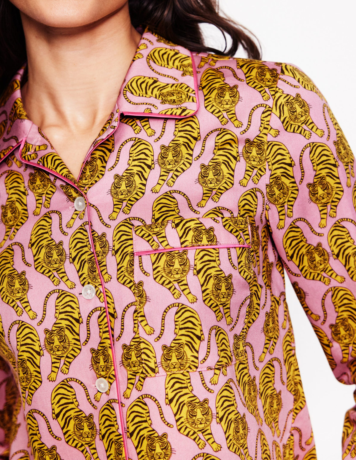 Cotton Sateen Pyjama Shirt-Ceylon Yellow, Tiger - Image 2