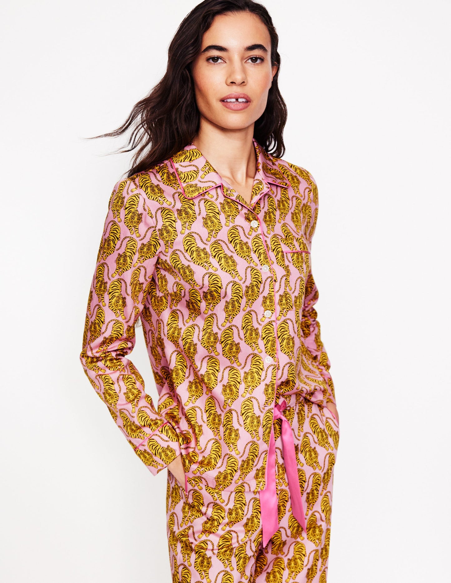 Cotton Sateen Pyjama Shirt-Ceylon Yellow, Tiger