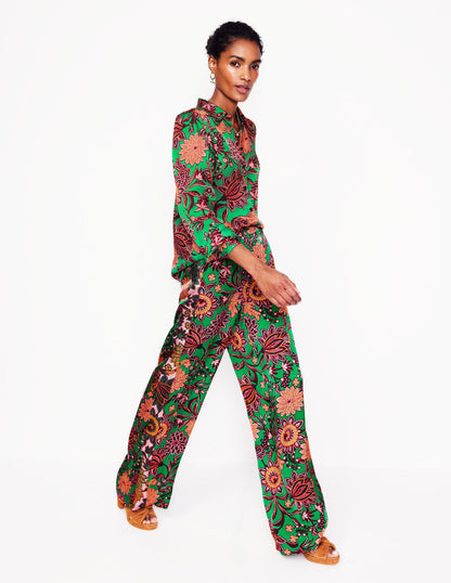 Wide Leg Pull-on Trousers-Rich Emerald, Ornate Bud