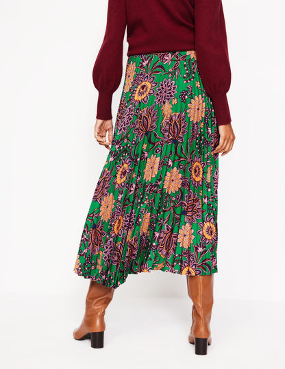 Camilla Pleated Midi Skirt-Rich Emerald, Ornate Bud